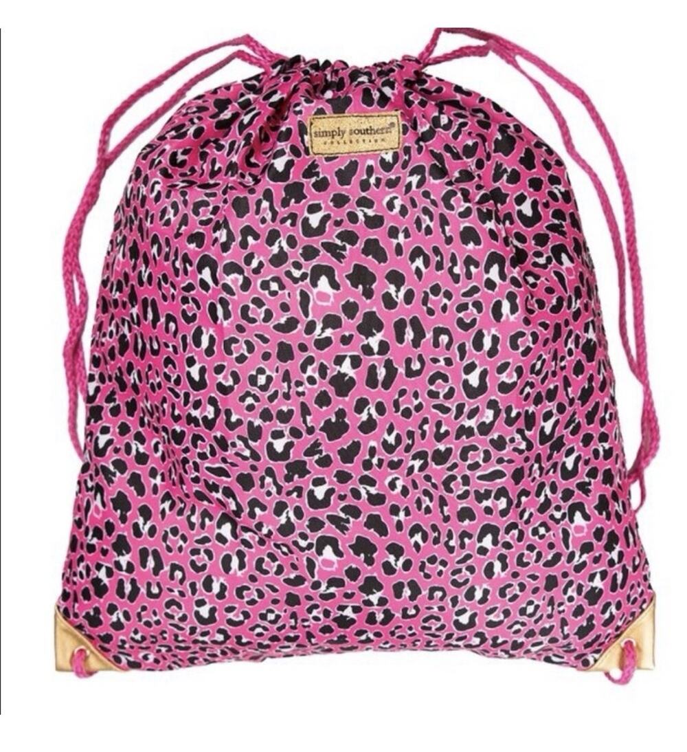 Simply Southern Pink Leopard Drawstring Backpack Cinch Sack Bag Gold Accents